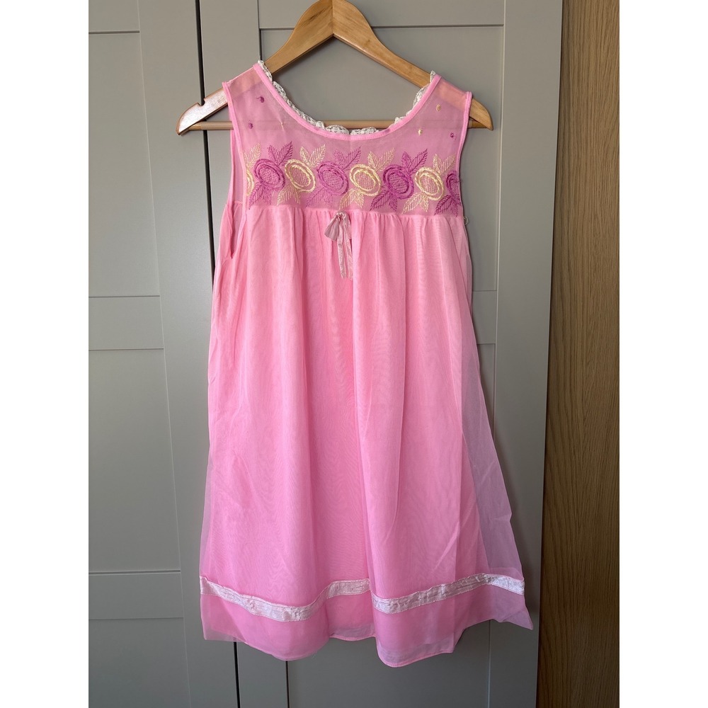 Vintage Pink Sheer Overlay Babydoll Nightgown Floral Embroidered Lace Trim M
